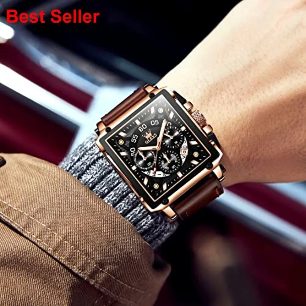 Men's Leather Chronograph Watch with Luminous Date Water Resistant